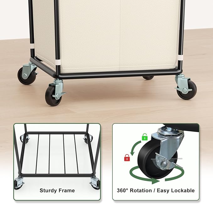 Mefirt 160L Laundry Basket with Wheels, 2 Section Large Rolling Laundry Hamper Bag with Wheels, Clothes Hamper Cart for Laundry, Bedroom, Bathroom and Dorm