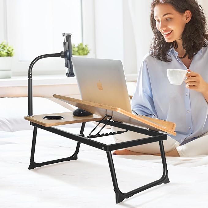 Laptop Desk in Bed, wishacc Adjustable Bamboo Lap Desk Table with Gooseneck Tablet Holder Mount for Laptop,Tablet,Phone,Book Reading