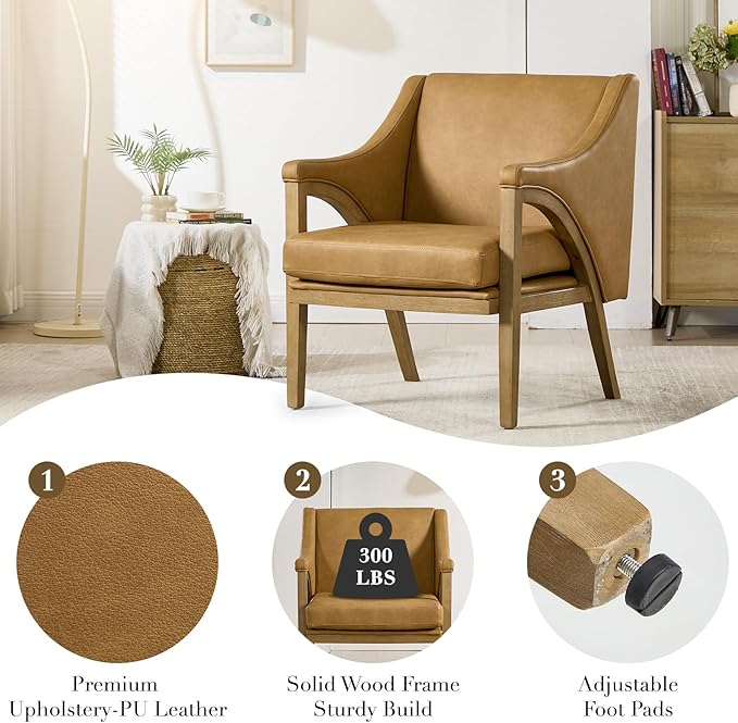 CIMOTA Mid Century Modern Accent Chair with Barrel Back, Upholstered Armchair Comfy Reading Chair with 4" Thick Cushion, Solid Wood Legs for Living Room/Bedroom/Reading Corner, PU Fabric, Brown