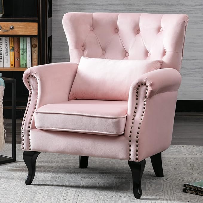 DM Furniture Mid Century Accent Chair for Living Room, Velvet Button Tufted Armchair Wingback Club Chair Single Sofa Lounge Chair with Pillow for Reception/Bedroom, Pink