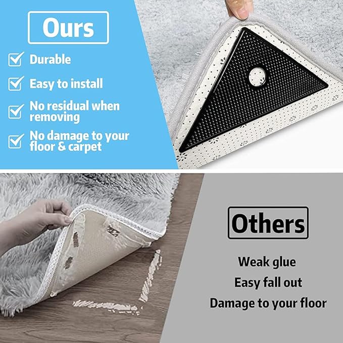 8 Pcs Rug Tape, Reusable Washable Grippers for Rugs, Double Sided Non-Slip Rug Pads for Hardwood Floors, Rug Stoppers to Prevent Sliding (Black)