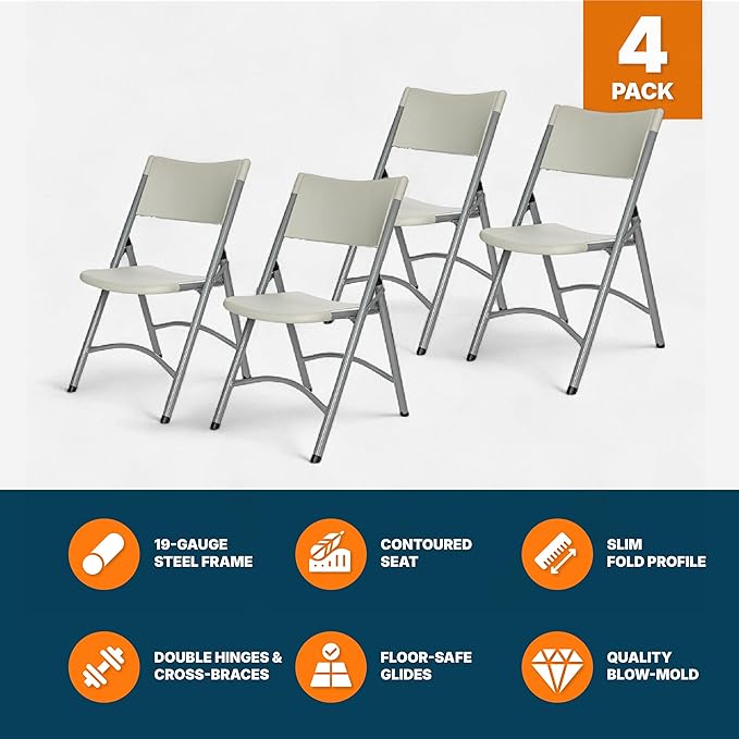 OEF Furnishings OEF600 Series High Back Folding Chairs, Blow-Molded Polyethylene Commercial-Grade Seating for Indoor and Outdoor Use, 500 lb Weight Capacity, 4-Pack (Light Gray)