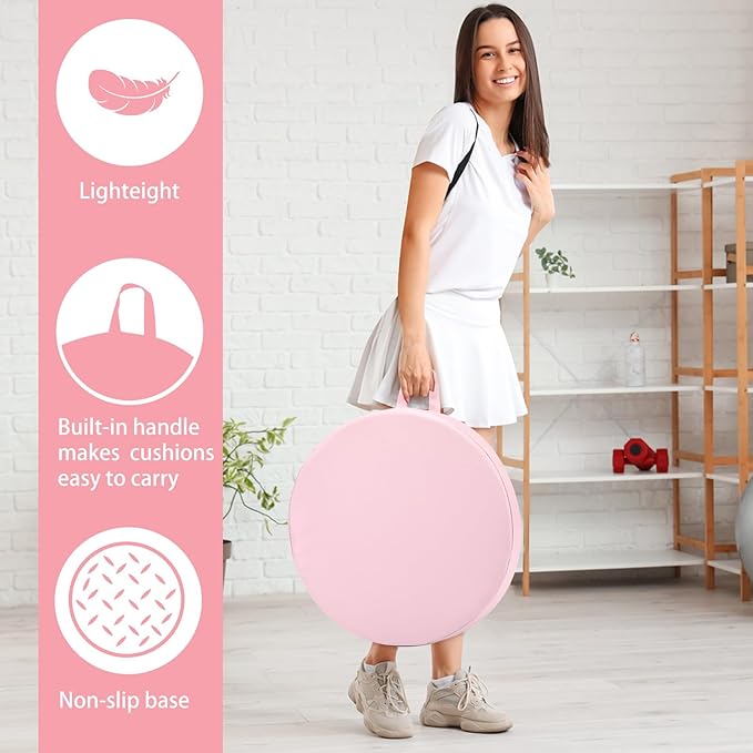 Sawysine 2 Pcs 14 Inch Floor Cushions with Handle, Flexible Round Floor Seating Pillows for Home School Classroom Kindergarten Daycare Nursery, 2 Inch Thick (Pink)