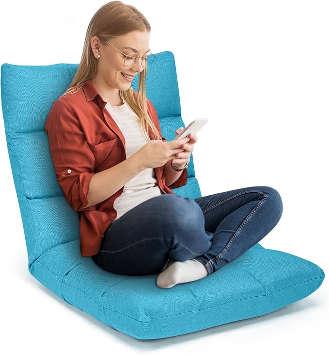 COSTWAY Peacock Blue Folding Gaming Chair, Adjustable 14-Position Floor Sofa with Back Support, Alloy Steel Frame, Lazy Sofa Lounge for Playing, Reading, Meditating, Recliner for Adults, Kids