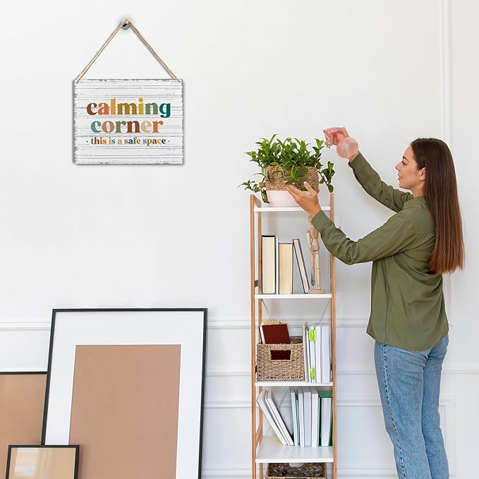 Absnfatu Calming Corner Hanging Wood Sign - Safe Space Classroom, School Counselor's Office, Calm Down Corner Decor - Boho Style, 10x8