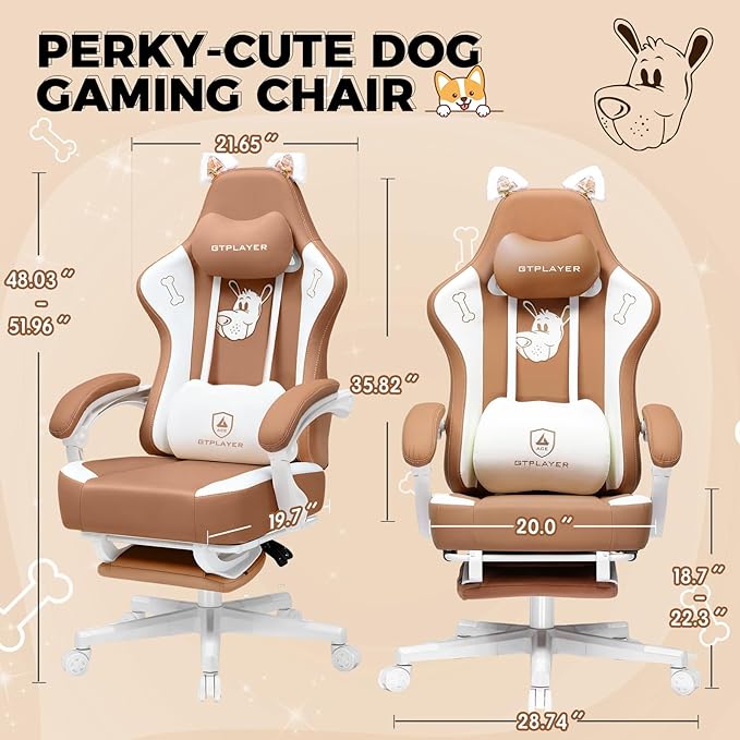 GTPLAYER Gaming Chair Cute with Cat Ears Ergonomic Computer Chair with Dog Embroidery Adjustable Memory Foam Lumbar Support and Headrest Comfortable Reclining Office Chair for Girls, Teens, Women