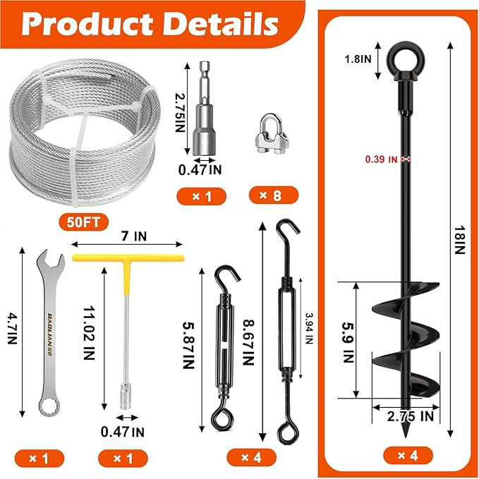 Camitlli 4 Pack 18" Fully Welded Ground Anchors Shed Anchor Kit with 1/8" Galvanized Cable, Heavy Duty Earth Anchors High Wind Screw in for Trampoline Swingset Tent Greenhouses (Black)