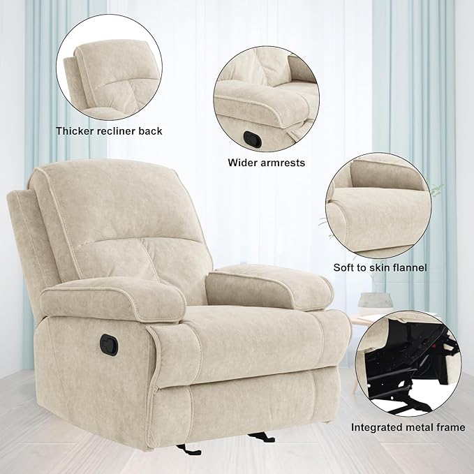 KeyEnergy Manual Rocker Recliner Chair for Adults, High Back Glider with Deep Seat, Upholstered Fabric Armchair for Living Room & Nursery, Beige
