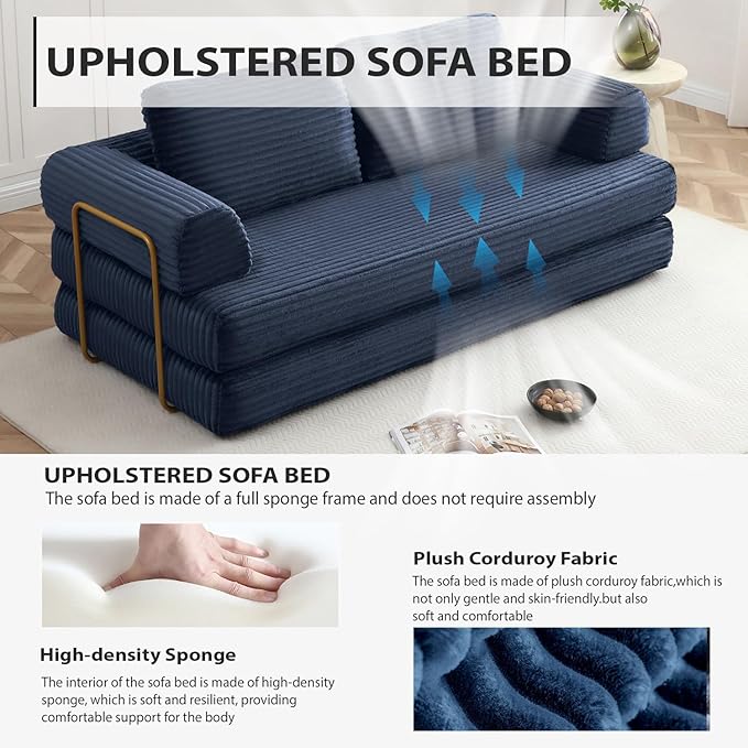 HANXIN 80 Inch Convertible Sleeper Sofa Bed, High Back Plush Corduroy Folding Floor Mattress Couch with Fixed-Shape Frame, Boneless Futon Loveseat with Pull Out Bed, No Assembly Required (Blue)