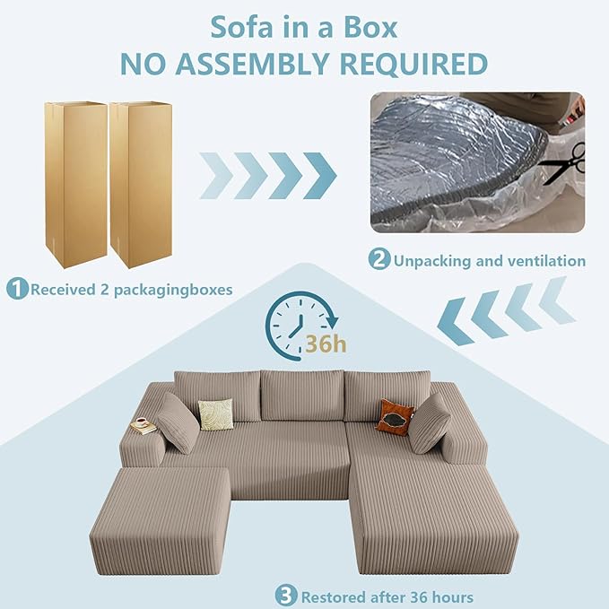 96" W Cloud Sectional Couch with Ottoman,Modern U-Shaped Cloud Couch with Deep Seat,Comfy Corduroy 3-Seater Sofa,Memory Foam Sofa for Living Room,No Assembly (Camel,Right-Facing Chaise)