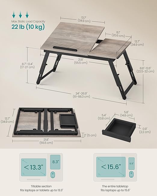 SONGMICS Bed Laptop Desk, Folding Bed Tray for Laptop up to 15.6 Inches, Adjustable Angle and Height, Portable for Working Reading Writing Breakfast, Bamboo Legs, Drawer, Heather Greige ULLD105W01