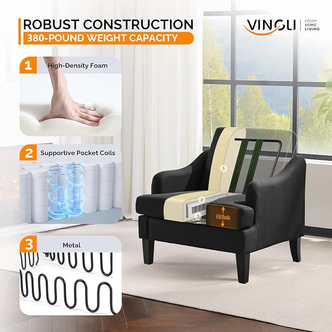 VINGLI Linen Fabric Accent Chair Black, Modern Upholstered Armchair, Comfy Sofa Chair Living Room Bedroom Furniture for Apartment