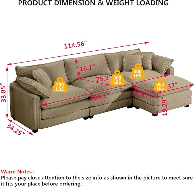 Aoowow Corduroy 3 Seater Cloud Couch with Ottoman,Modern Cloud Couches for Living Room,Modular Sectional Cloud Sofas with Deep Seat,Oversized Tufted L-Shaped Sofa Set (Tan, 3 Seater + 1 Ottoman)