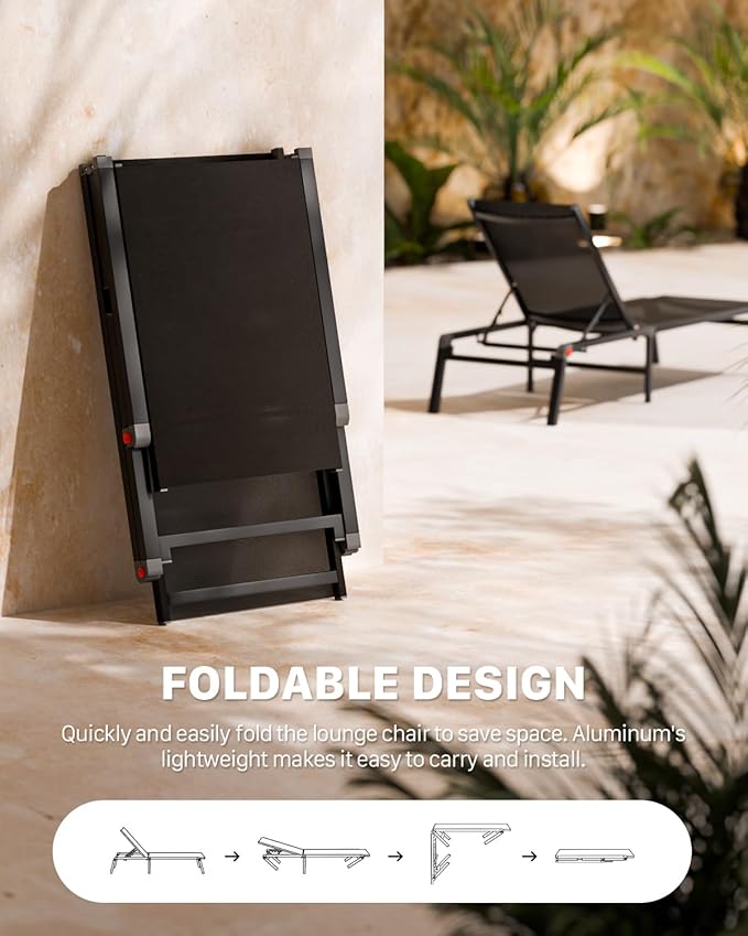 Aluminum Chaise Foldable Patio Lounge Chair Outdoor, Metal Deck Lounger Adjustable 5-Position Recliner Pool Chase Breathable Full Flat Outside Sun Tanning Chairs for Beach/Poolside/Lawn(Black, 1 Pack)