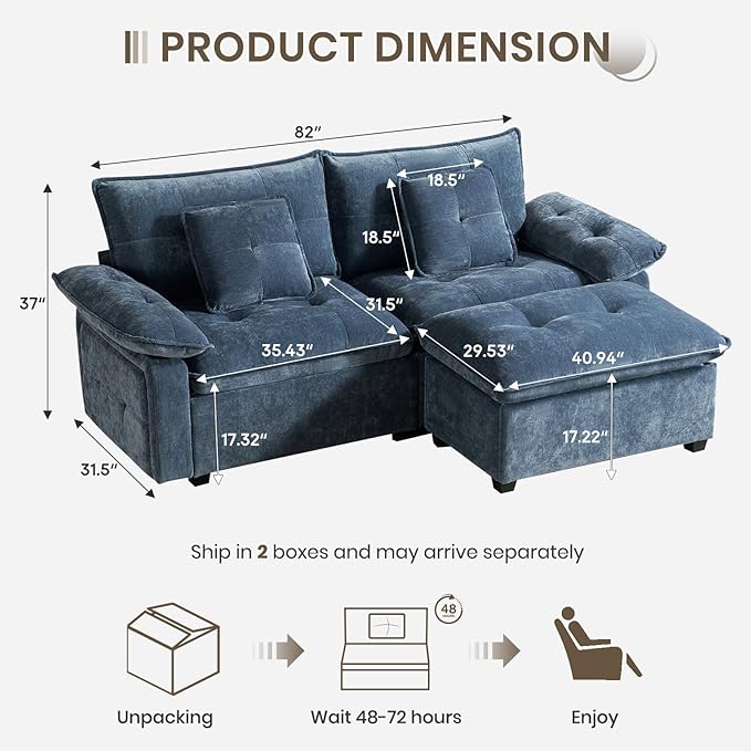PALLOME 82" Deep Seat Comfy Cloud Couch, Modular Sectional Sofa with Movable Ottoman, L Shaped Chenille Sofa for Small Space, Modern Apartment Living Room & Office (Blue, 2-Seat + Ottoman)