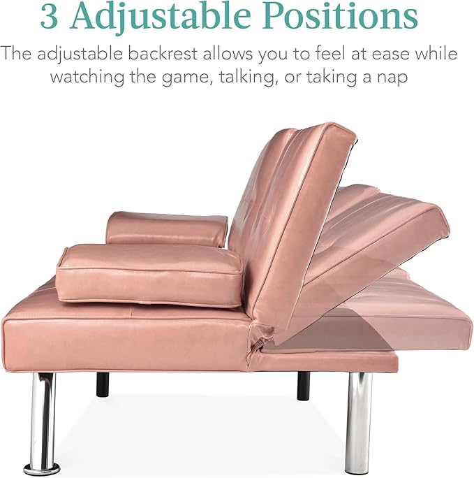Best Choice Products Faux Leather Upholstered Modern Convertible Futon, Adjustable Folding Sofa Bed, Guest Bed w/Removable Armrests - Pink