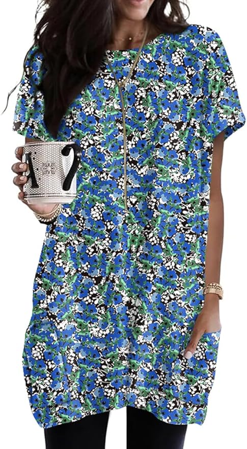 Poetsky Summer Womens Tunic Tops for Leggings with Pockets Short Sleeve Casual Long T Shirts S-3XL