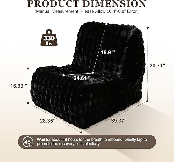 Bean Bag Chair for Adults, Lovely Bean Bag Chair with Plush Faux Fur, Lazy Floor Sofa, Comfy Reading Nook Chairs, Couch Single Sofa for Living Room Bedroom Office (Black)