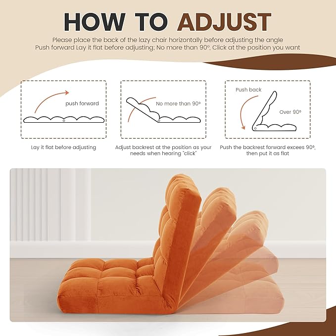 GARTMILAN Large Lazy Sofa, 24-inch Wide Plush Velvet Adjustable Floor Chair, 14-Position Armless Sofa(Orange)