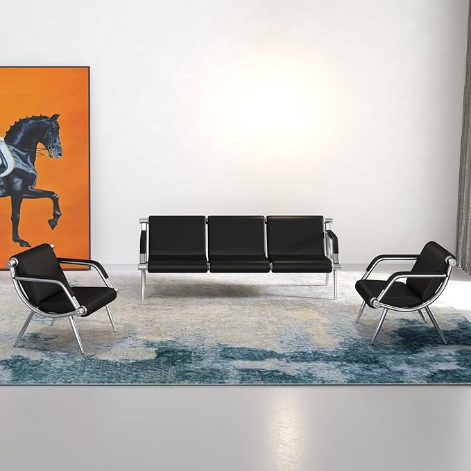 Kinfant Waiting Room Chair- Office Reception Furniture with Armrest and PU Leather Cushion, Office Guest Chair for Waiting Room Airport Hospital Bank Lobby, Black (1 Seat*2+3 Seat)
