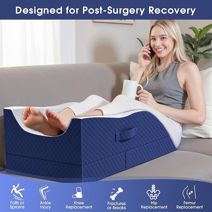 Leg Pillow, Leg Elevation Pillow with Pad and Memory Foam, Height Adjustable Bolster Pillow for Legs, Leg Pillow Elevation Blood Circulation, for Post-Surgery, Blue & White