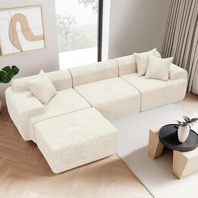 119’’ Modular Compression Sofa, L-Shaped Cloud Sectional Couch with Chaise & Deep Seating, Modern Upholstered Living Room Couch with Removable Pillows, Easy Expand Design, Beige Chenille Fabric