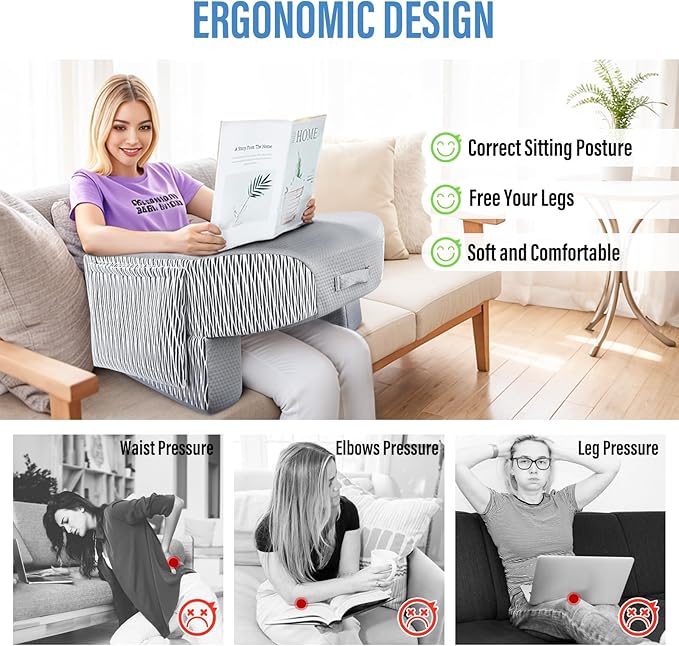 LEBENGURU Reading Pillow for Laptop, Extra Large Armrest Gaming Pillow for Working, Hight Adjustable Lap Desk Pillow for Adult Sitting in Bed, Floor, Sofa（Stripe and Grey）