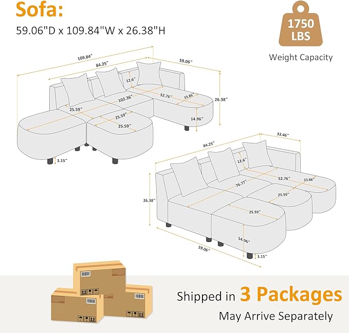VANOMi 109.84" Modular Sectional Sofa with 3 Pillows, Convertible 5-Seater Comfy Boucle Cloud Couch with Ottoman, Modern Sectional Sofas for Living Room, Office, Apartment (White)