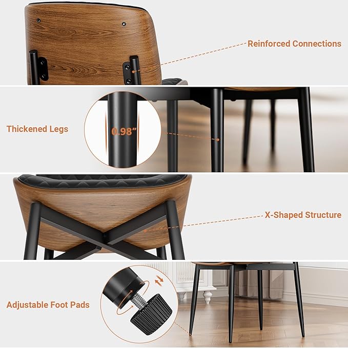YaFiti Dining Chairs Set of 8, FSC Certified Mid Century Modern Accent Dining Room and Kitchen Chairs, Upholstered PU Leather Diamond Check Chairs with Walnut Bentwood and Metal Legs, Black