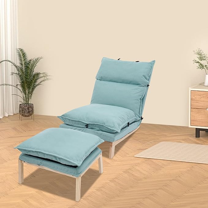 Single Lazy Leisure Chair, Adjustable Recliner Balcony Reclining Japanese Tatami Chair with Ottoman, Floor Seating Lounge Chair with Backrest and Footrest, Upholstered Chair for Living Bedroom (Green)