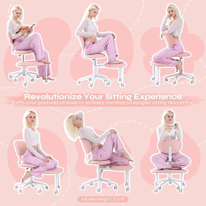 Pinmoco Ergonomic Cross Legged Office Chair with Wheels, ADHD Chair for Adults, Meditation Chair, Yoga Office Chair, Comfortable Back Support, Height Adjustable,Small Spaces, PU Leather, Pink
