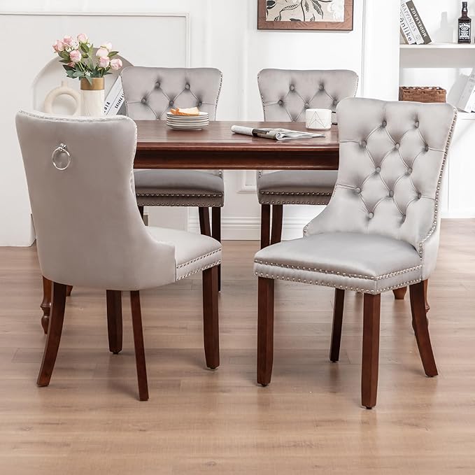 Kiztir Velvet Dining Chairs Set of 4, Upholstered Dining Chairs with Nailhead Trim and Button Back, Luxury Tufted Dining Chair for Living Room, Bedroom, Kitchen (Light Gray)