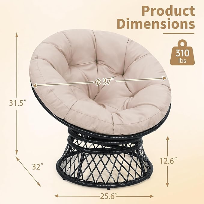 Kromax 40" Ergonomic Wicker Papasan Chair, 360° Swivel Round Egg Chair with Soft Thick Cushion, Indoor Outdoor Use for Living Room, Bedroom, Reading Room, Black Frame with Beige Cushion