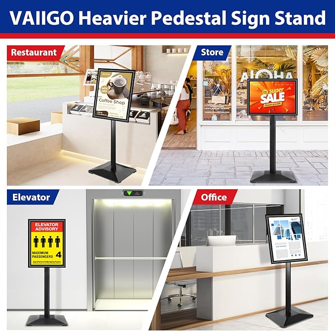 VAIIGO Pedestal Sign holder Stand 11x17inch Adjustable Standing Floor Sign Stand with Heavy Base & Snap Frame Display Stand for Indoor Outdoor Business Store Sign Holder Poster Stand (Black)