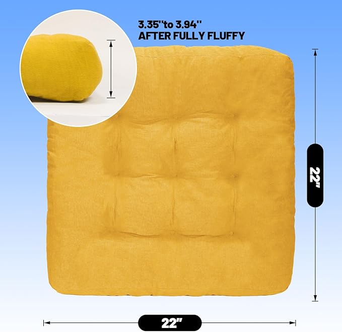 Meditation Floor Pillow Set of 2, Square Large Pillows Seating for Adults, Tufted Corduroy Cushion for Tatami Living Room, 22x22 Inch FP-Yellow