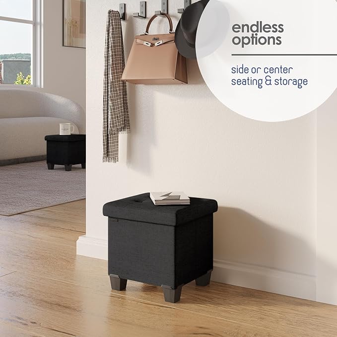 Storage Ottoman Cube with Small Bin, 16-in Square Ottoman with Storage for Living Room and Bedroom, Small Ottomans Foot Rest, Fabric Foot Stools Ottomans Max 330lbs, Black