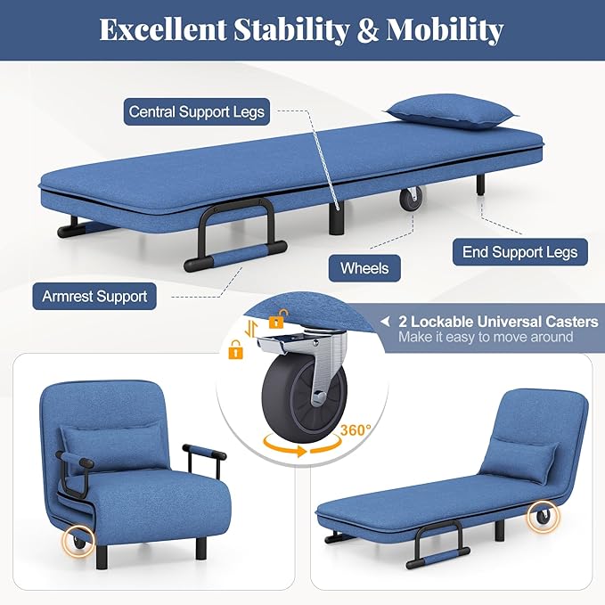 Giantex Convertible Sofa Bed, 3-in-1 Folding Sleeper Chair with 5-Position Adjustable Backrest, Wheels, 2 Legs, Recliner Chaise Lounge with Pillow, Armchairs for Nursery Living Room Office (Blue)