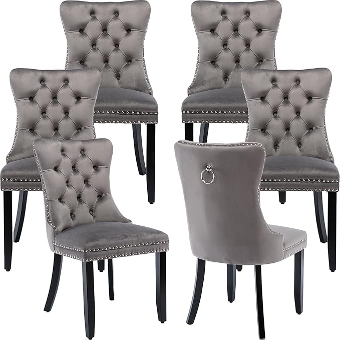 YeahFurn Grey Mid Century Modern Dining Chairs Set of 6, Velvet Upholstered Kitchen & Dining Room Chairs with Nailhead Trim & Solid Wood Legs, Elegant Sillas De Comedor (Grey, 6 Pcs)