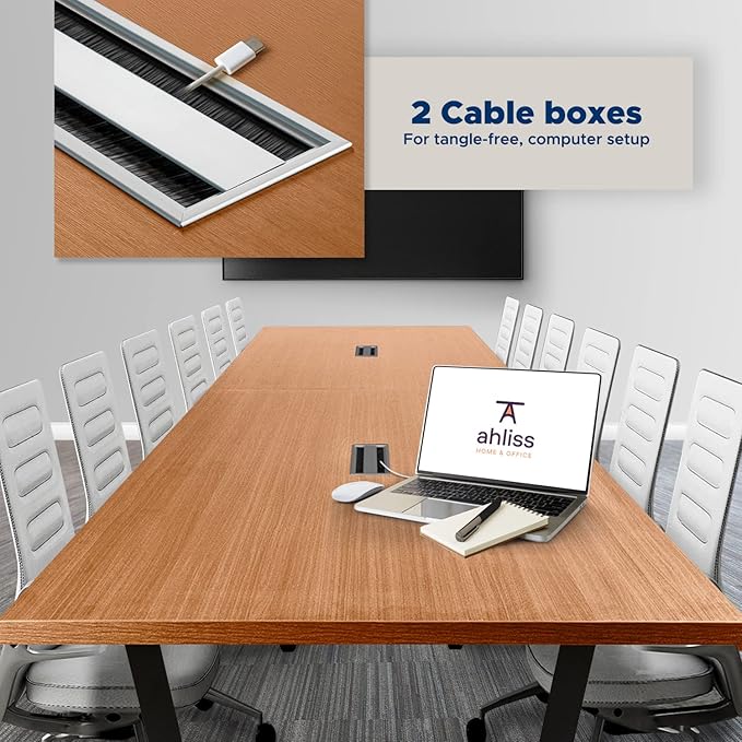 ahliss Sturdy Conference Table with Cable Management Grommets Modern Rectangle Office Meeting Table with Wood Tabletop and Metal Frame & Legs- Easy Assembly Boardroom Table (Natural, 12 Foot)