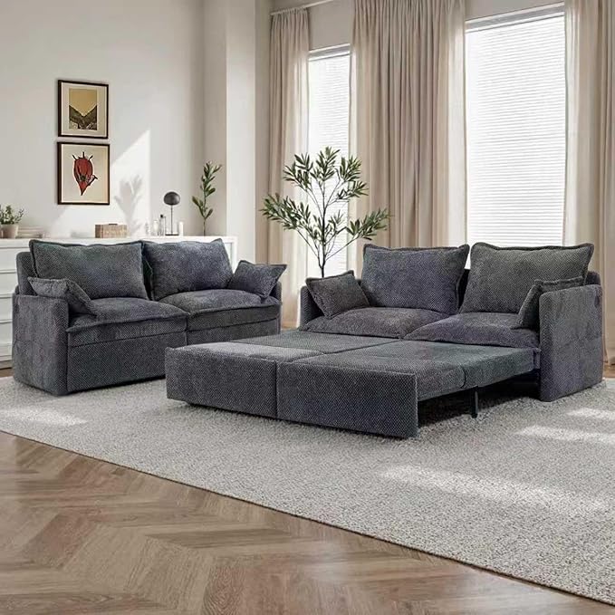 GRAINLLE King Size Pull Out Couch,3-in-1 Corduroy Sleeper Sofa with Pull Out Sofa Bed,USB & Side Storage,Convertible Loveseat Sleeper Couch for Living Room, Bedroom, pet-Friendly(Grey, 73.6'')
