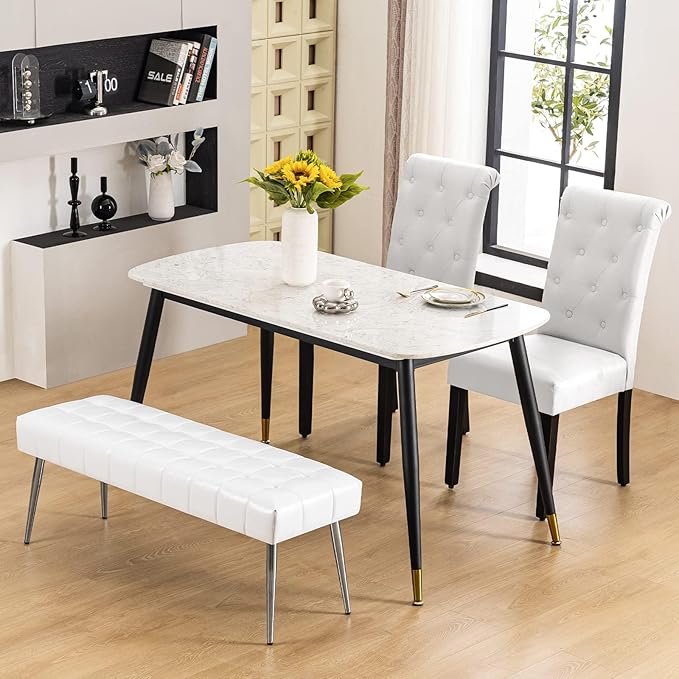 Apicizon 44.5”Ottoman Bench, Modern Faux Leather Bedroom Bench with Square Pull Point Design, Modern Cushion Ottoman Bench for Bedroom, Living Room, Entryway，White