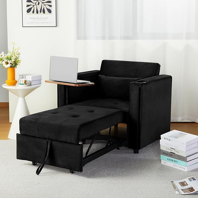 ORRD Convertible Chair Bed, 3-in-1 Multi-Functional Velvet Sleeper Sofa Pull-Out Couch Chair Bed with Adjustable Backrest and Hidden Side Table for Living Room, Small Space, Apartment (Black)