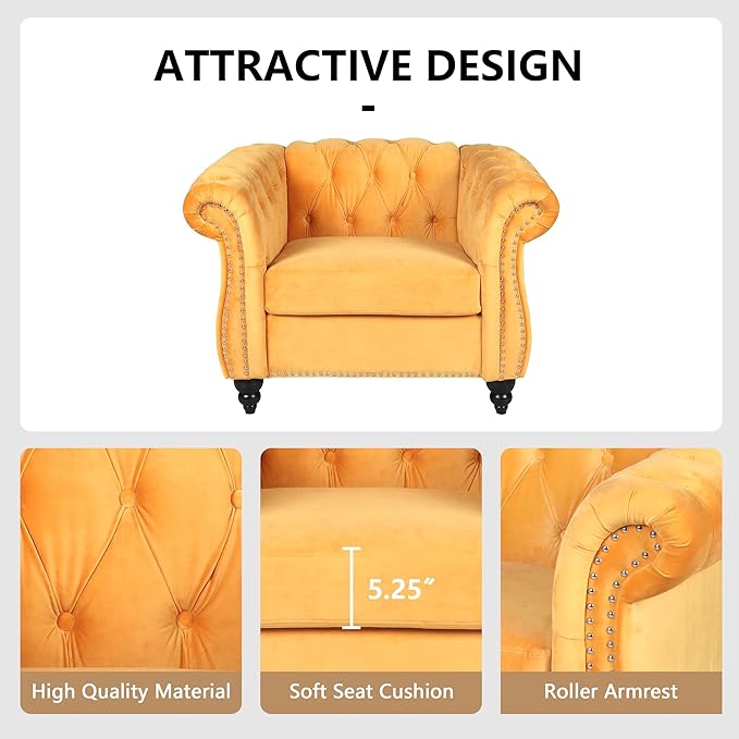 QHITTY Accent Chair, Chesterfield Chair Modern Velvet Upholstered Chairs with Tufted Back for Living Room Furniture (Mango)