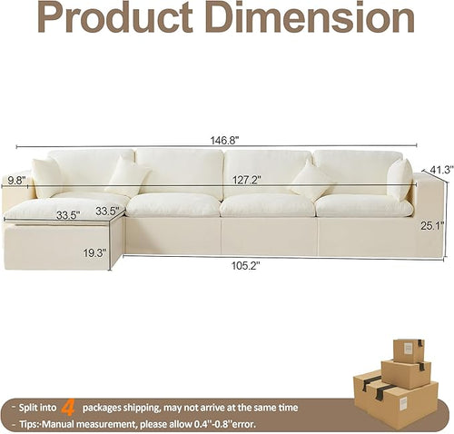 155''Cloud Boneless Modular Couch, Oversized Sectional Sofa Deep Seat with Ottomans, Modern Upholstered Convertible L Shape Couch Comfy 5 Seater Chenille Sofa Couches for Living Room, Beige