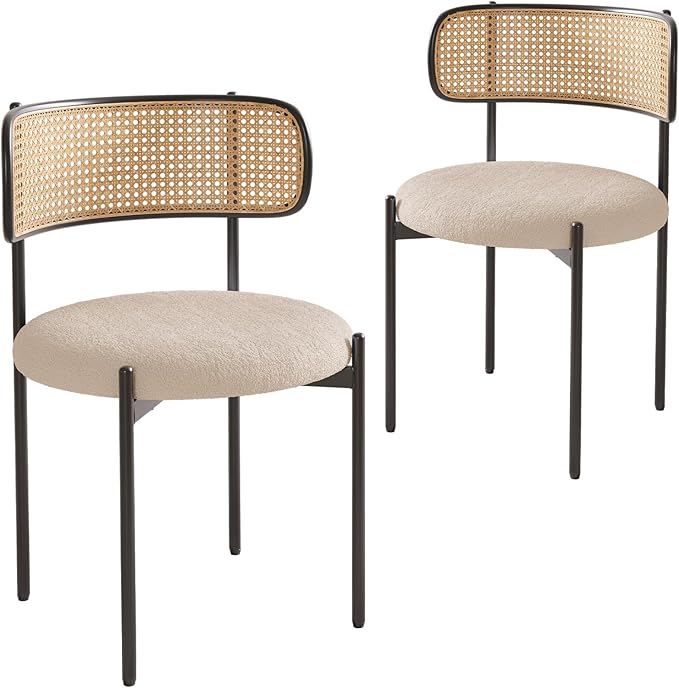 Farini Dining Chairs Set of 4,Mid-Century Modern Kitchen Chair Rattan Backrest Round Upholstered Sherpa Dining Chairs with Metal Legs,Light Brown