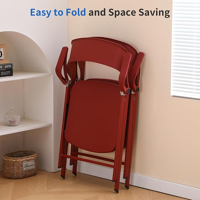 KAIHAOWIN 2 Pack Plastic Folding Chair with Armrest, Heavy Duty Foldable Chairs with Steel Frame Commercial Stackable Guest Chairs for Indoor and Outdoor-Red