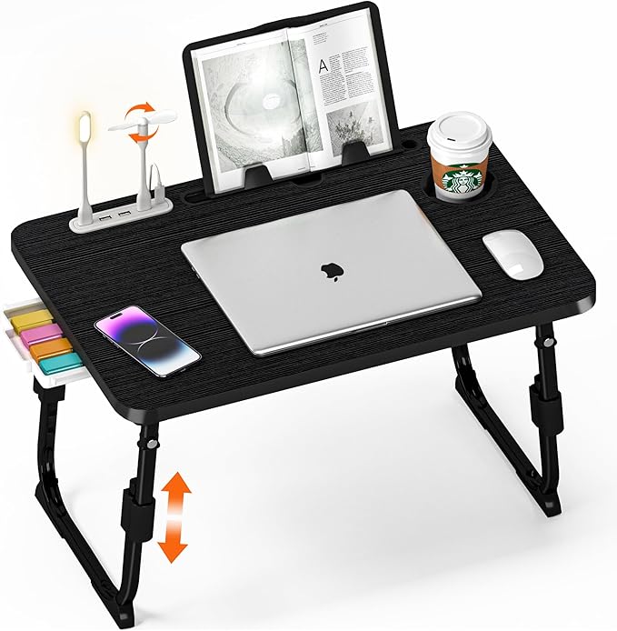 DECOSIS Laptop Desk for Bed Height Adjustable, Lap Bed Table with USB/Storage Drawer/Cup Holder/Tablet Stand/Book Shelf, Foldable Breakfast Tray Portable for Reading Writing, Sofa & Floor, Black