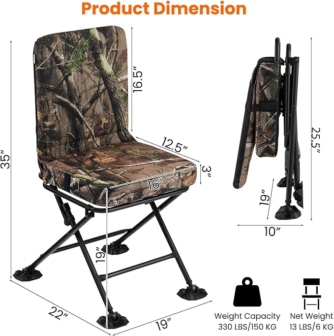 GYMAX Hunting Chair, 360 Degree Swivel Hunting Blind Chair w/ 3’‘ Oversized Duck Feet & Camo Padded Cushion, 330 LBS Silent Waterproof Rustproof Folding Ground Blind Hunting Seat Stool for Outdoors