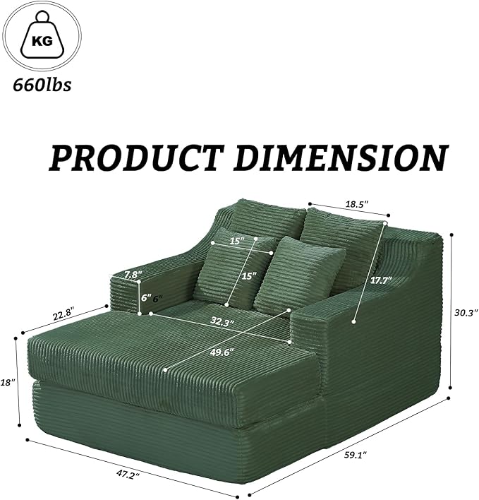 47" Boneless Chaise Lounge Chair Indoor,No Assembly Single Sleeper Upholstered Boneless Couch with 4 Pillows,Comfy Pet Friendly High Weight Capacity Foam for Bedroom,Living Room,Study Room,Green