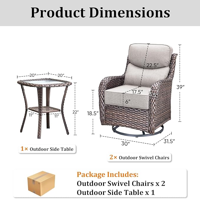 Pugire Luxury Outdoor Swivel Rocker Patio Chairs Set of 3, High Back Swivel Patio Chairs with Side Table & 6-Inch Thick Cushions, Wicker Outdoor Bistro Set for Porch, Yard, Deck, Poolside, Brown/Beige